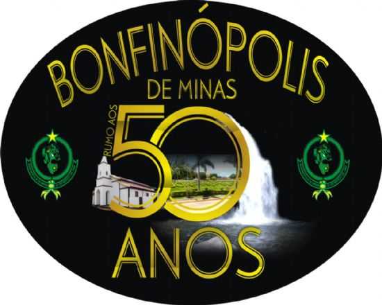 LOGO E SELO POSTAL CINQUENTENRIO BONFINPOLIS DE MINAS - MG, POR POETA NUNES DE SOUZA - BONFINPOLIS DE MINAS - MG